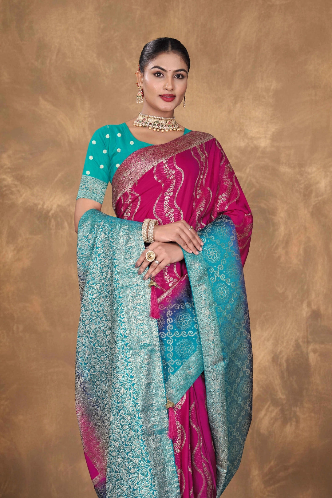 Rani Pink Banarasi Satin Woven Saree