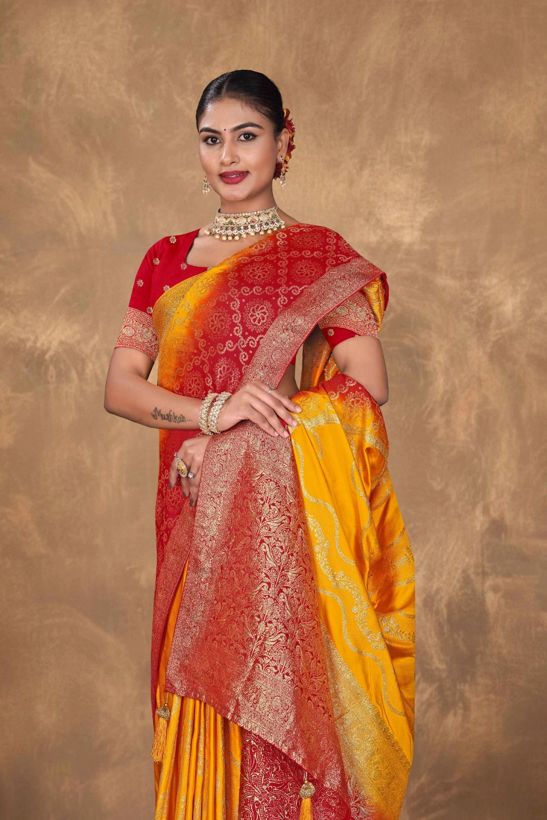 Mustard Yellow Banarasi Satin Woven Saree