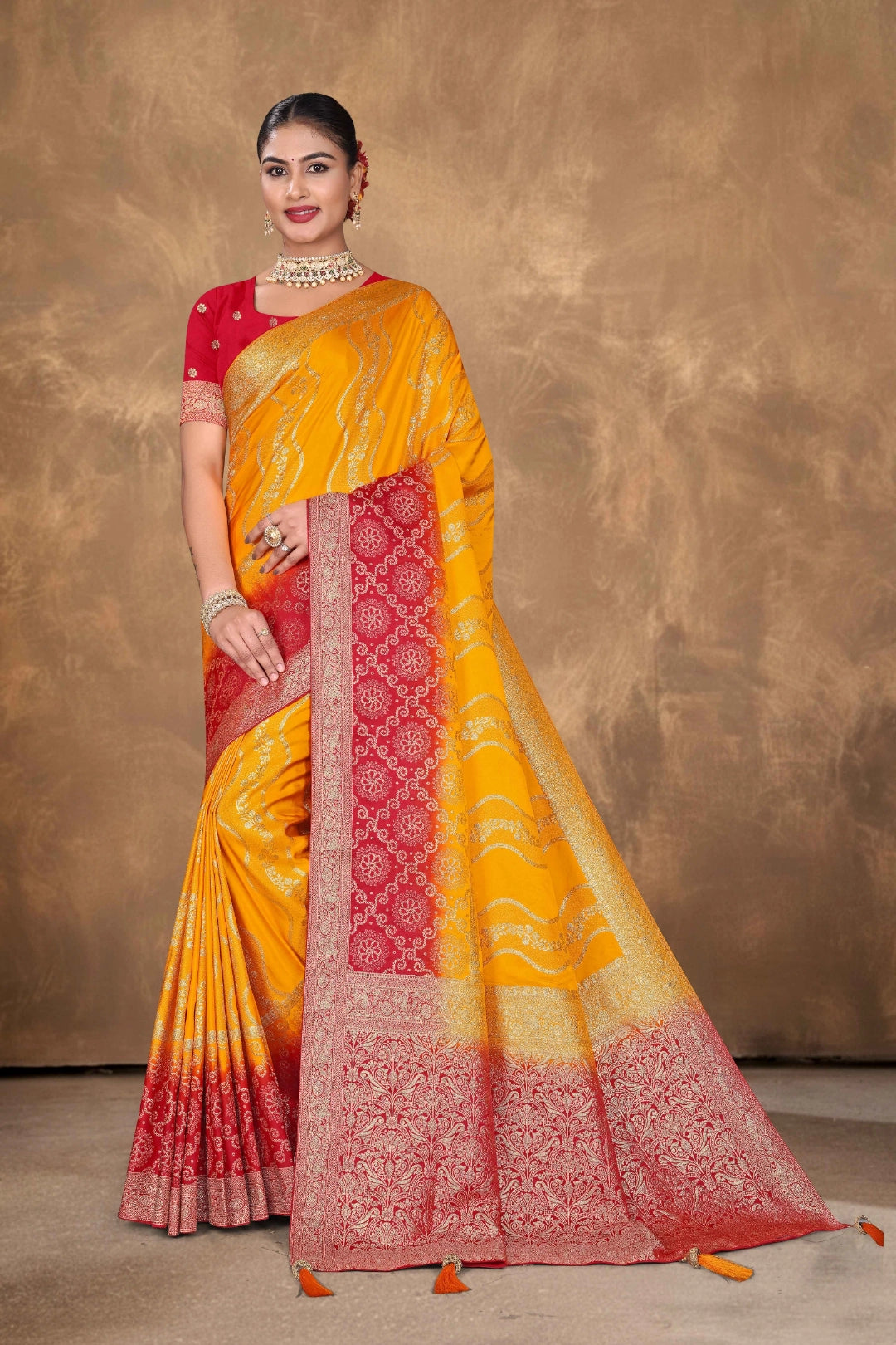 Mustard Yellow Banarasi Satin Woven Saree