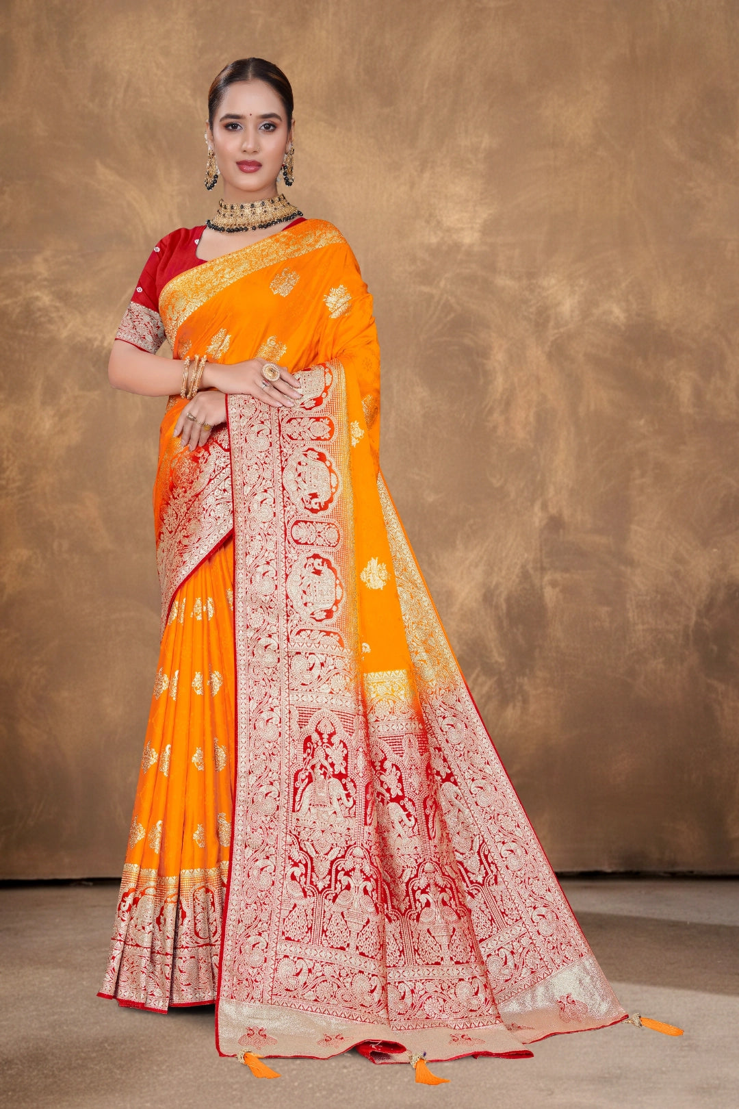 Kesari Orange Satin Woven Saree