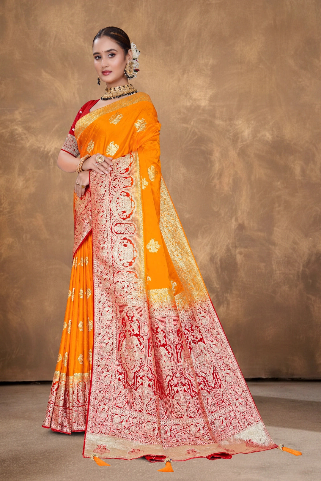Kesari Orange Satin Woven Saree