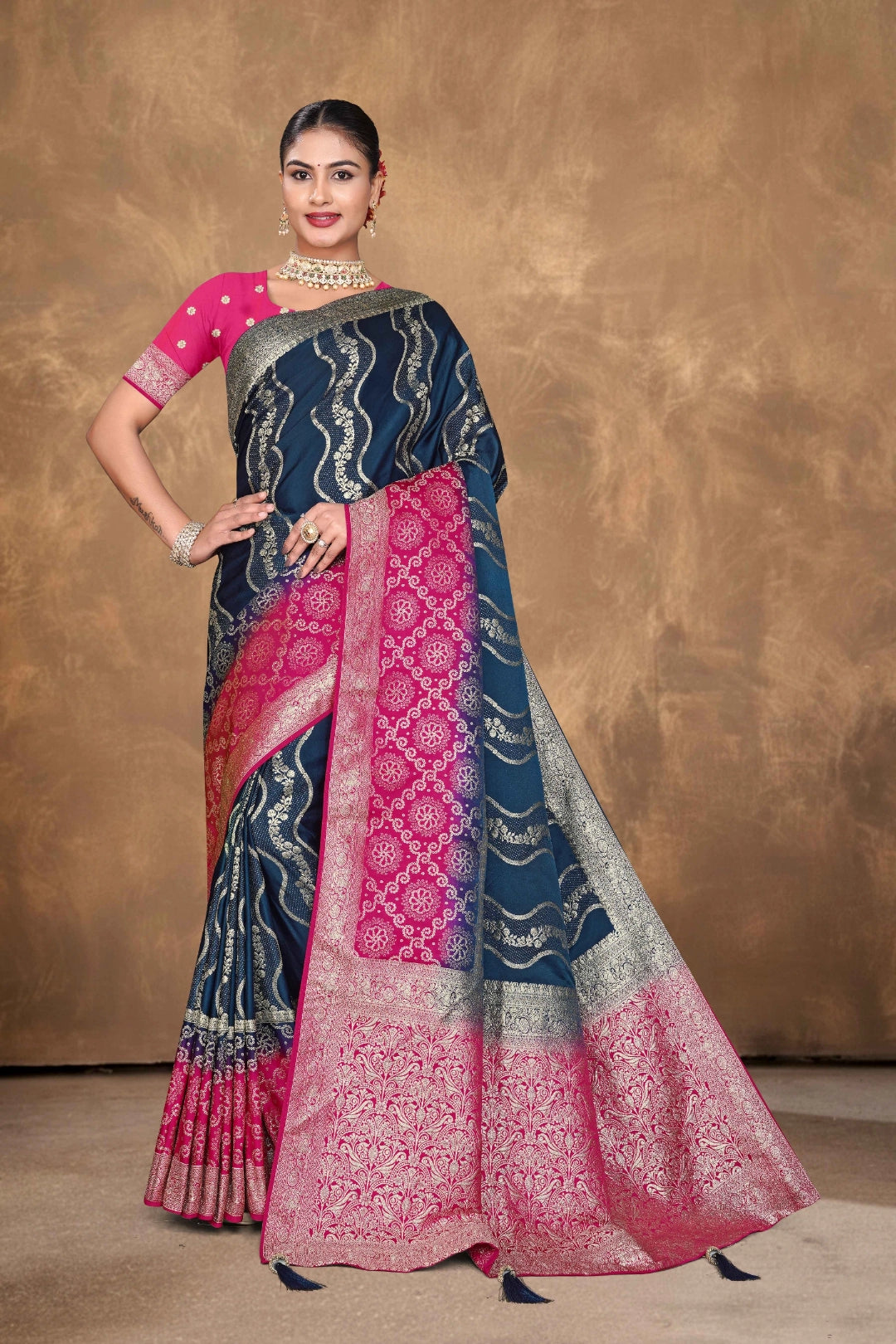 Navy Blue Banarasi Satin Woven Saree