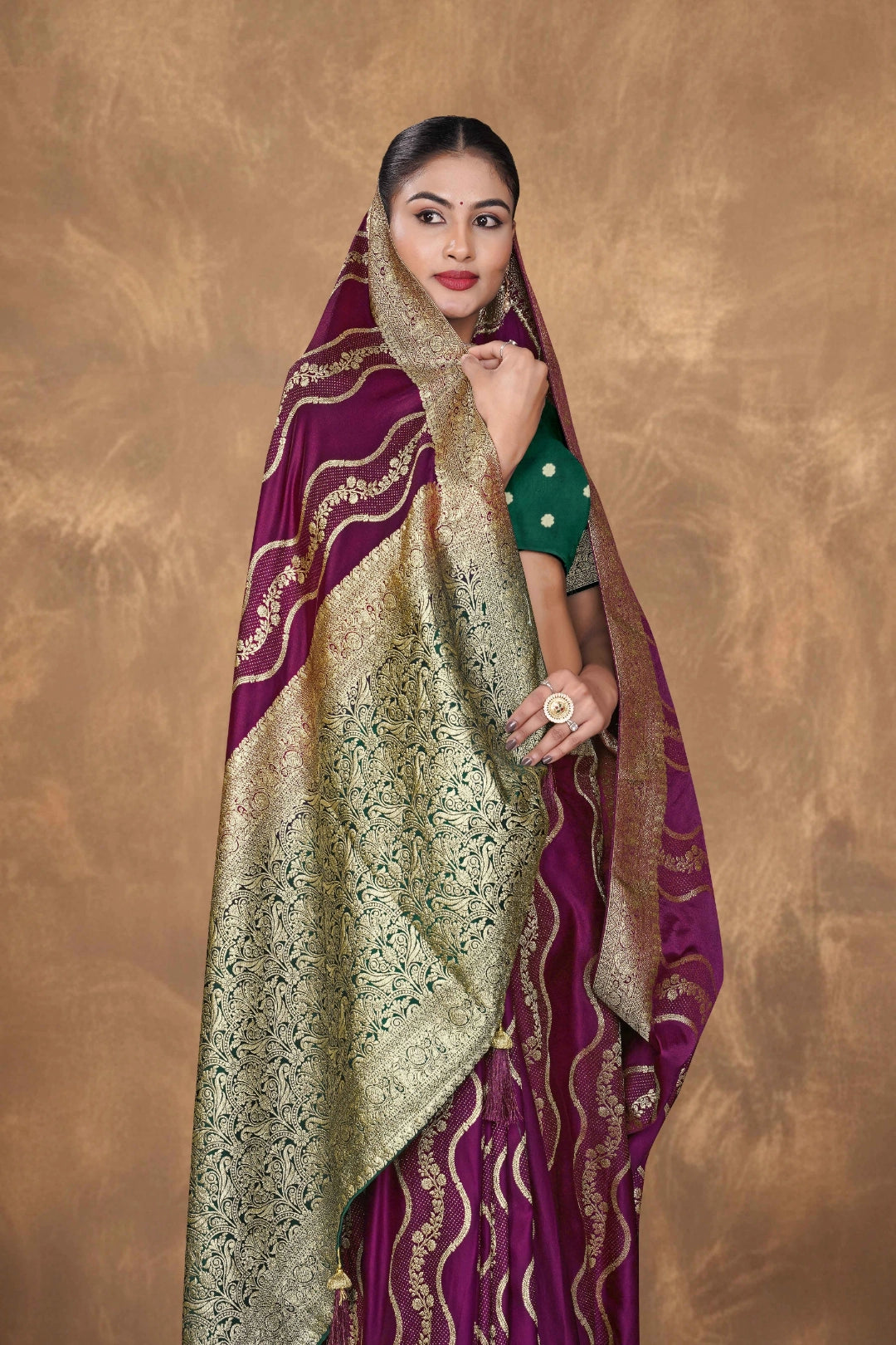 Wine & Bottle Green Banarasi Satin Woven Saree