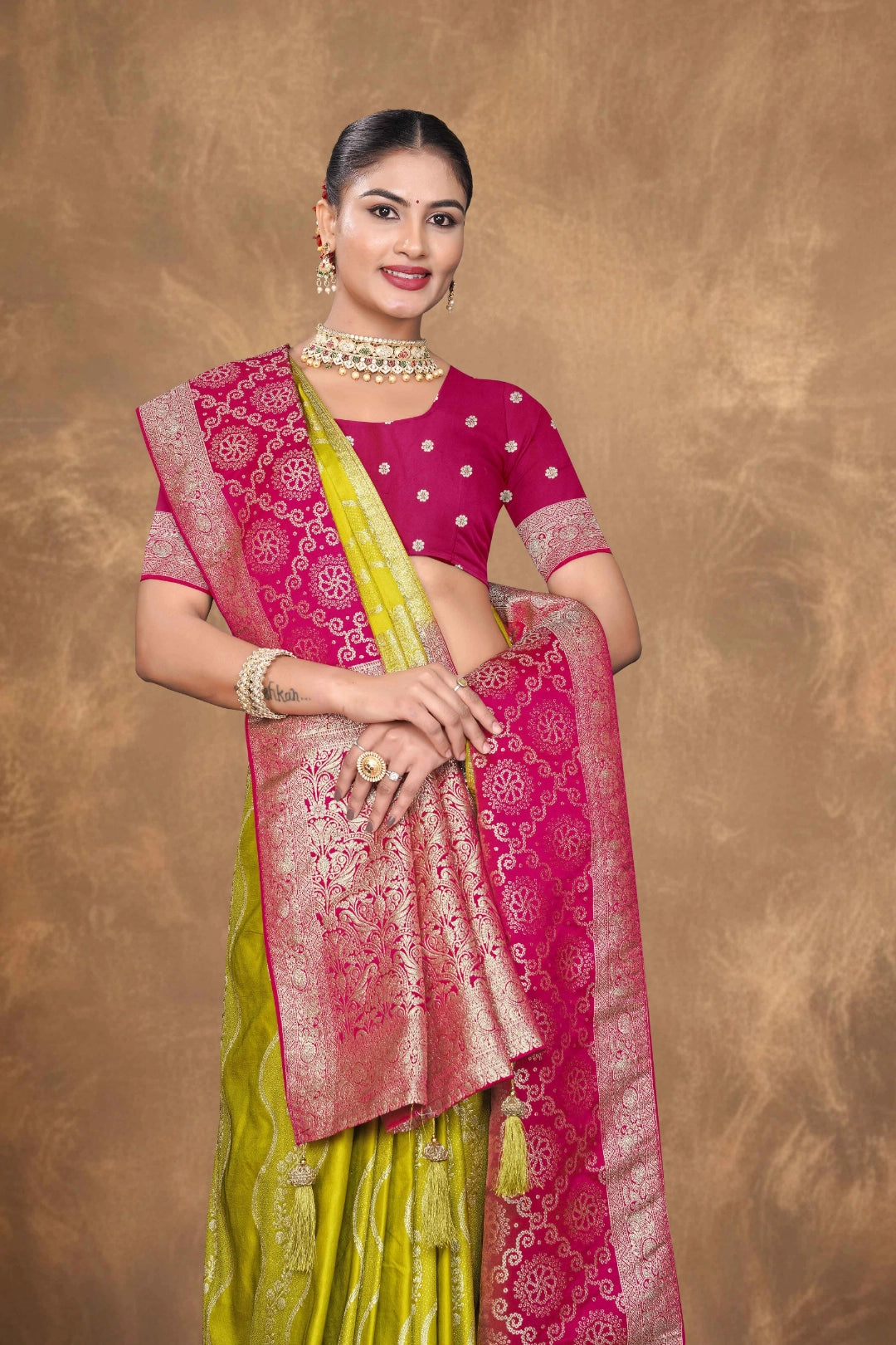 Lime Yellow Banarasi Satin Woven Saree