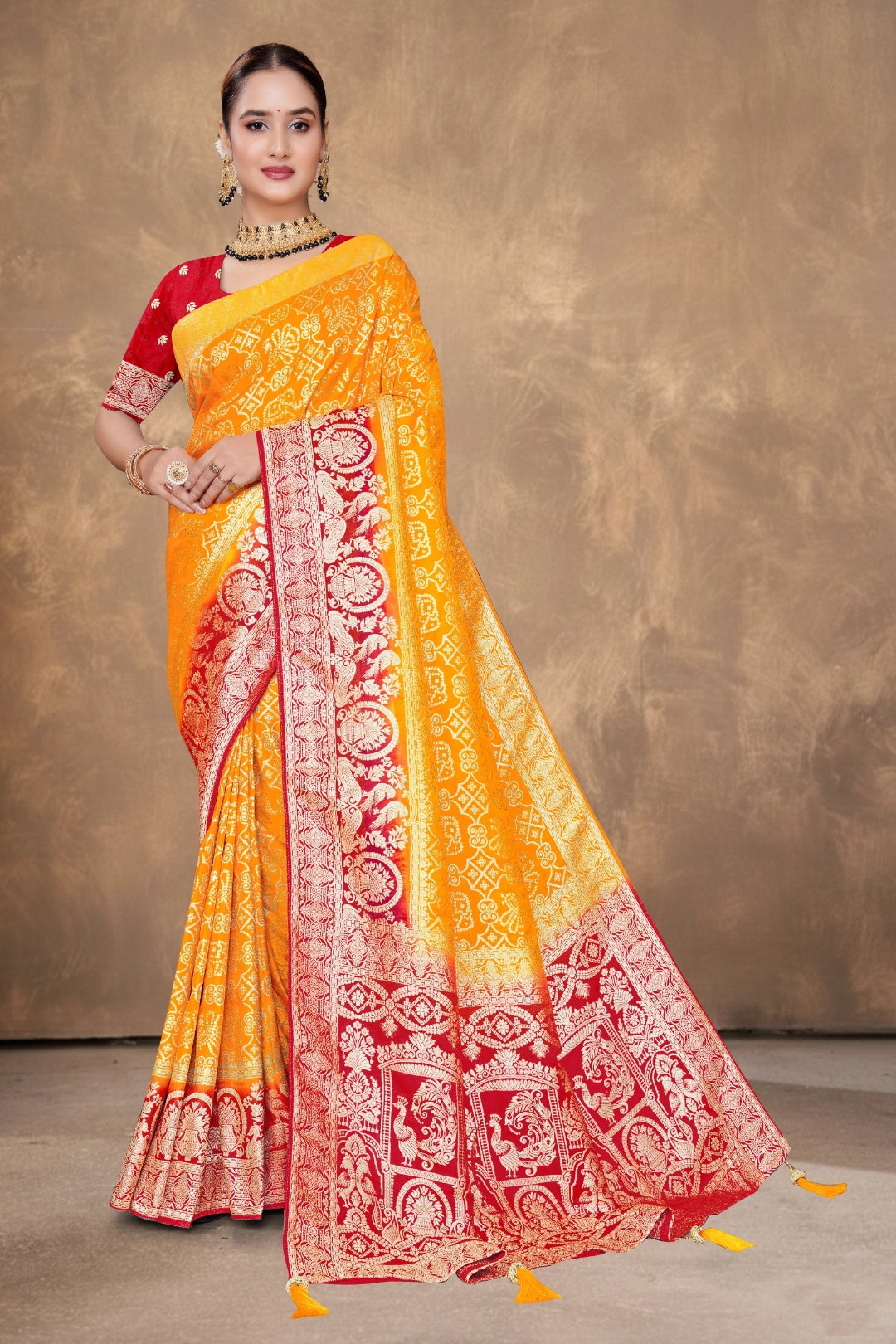 Kesariya Gold Zari Woven Saree
