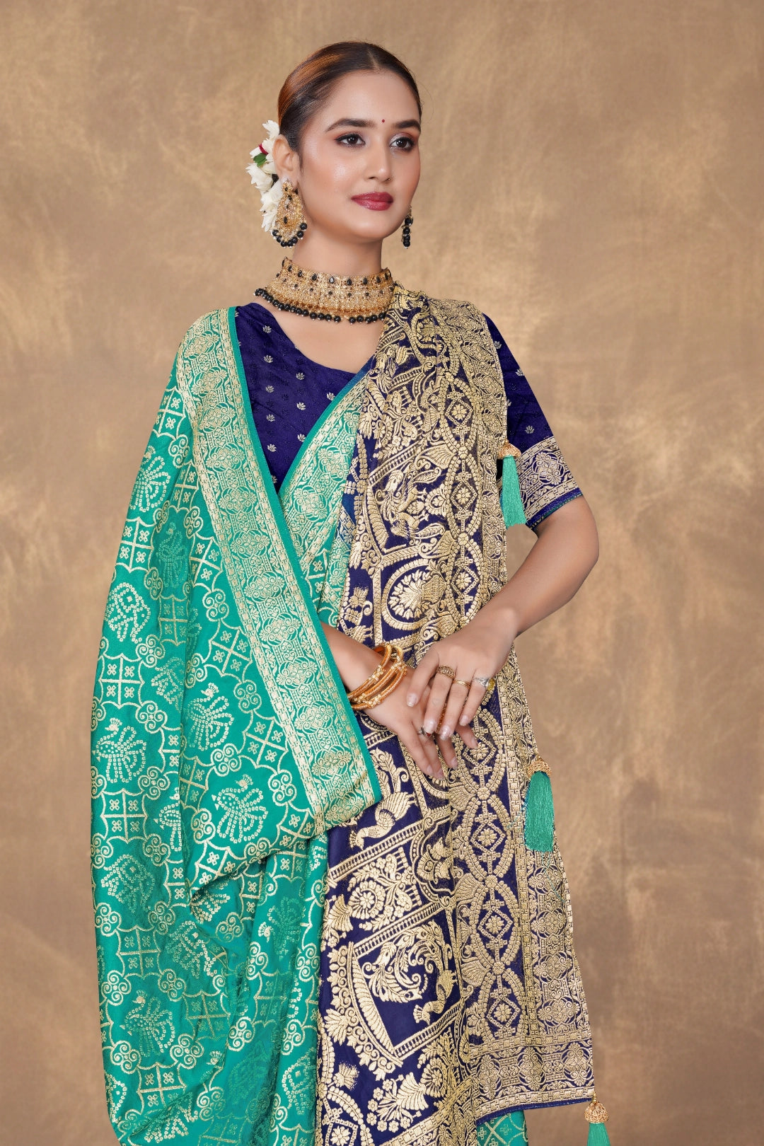 Emerald Navy Zari Woven Saree