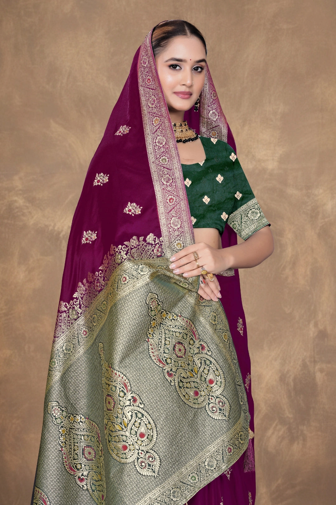 Wine Maroon Satin Woven Saree
