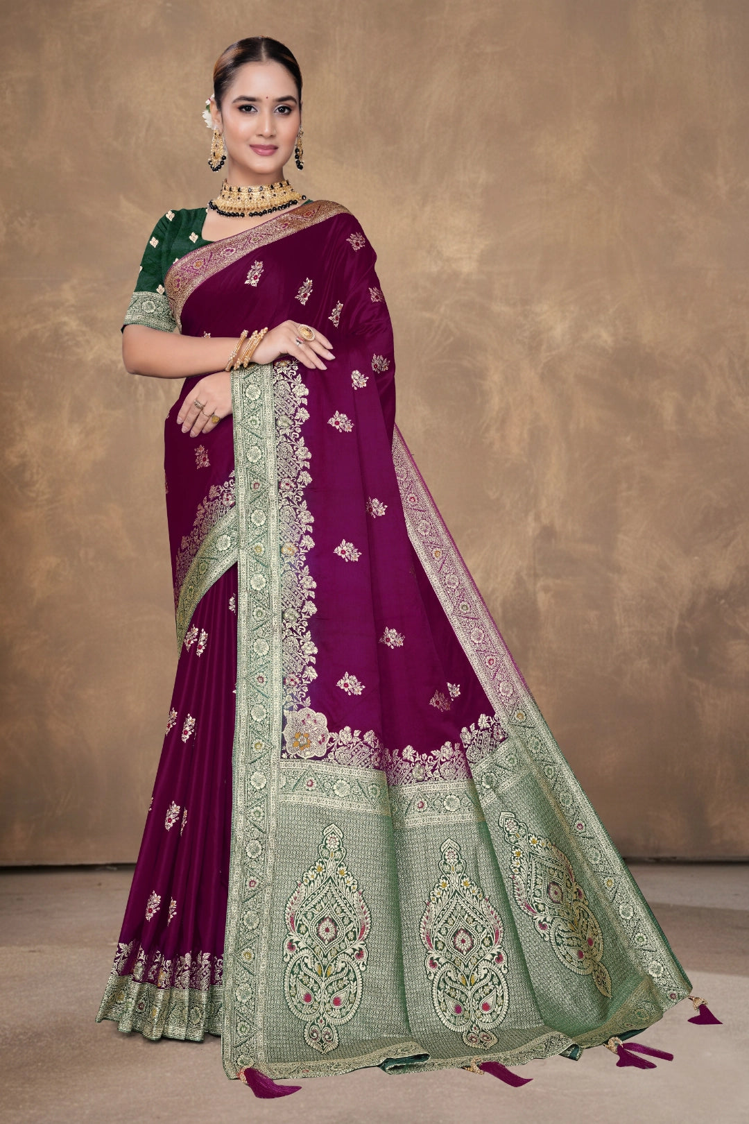 Wine Maroon Satin Woven Saree