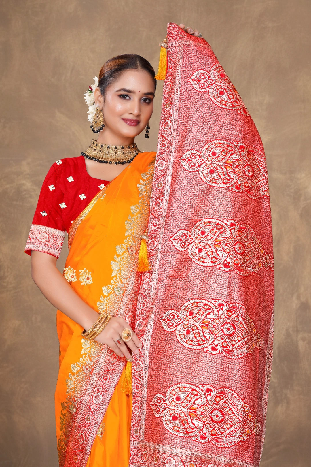 Kesari Orange Satin Woven Saree