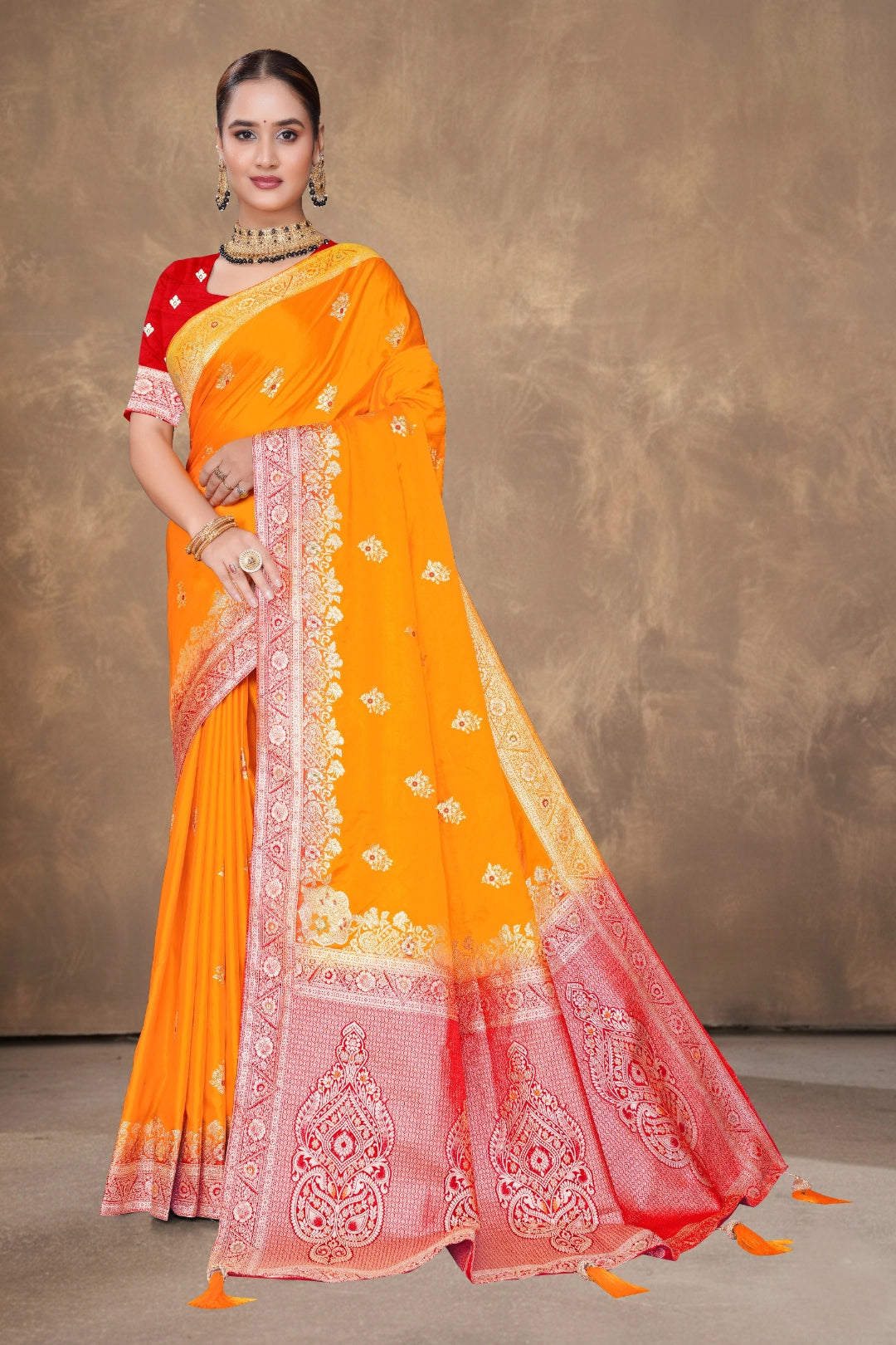 Kesari Orange Satin Woven Saree