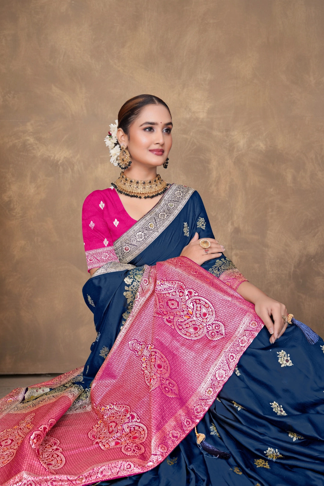 Midnight Navy Satin Woven Saree