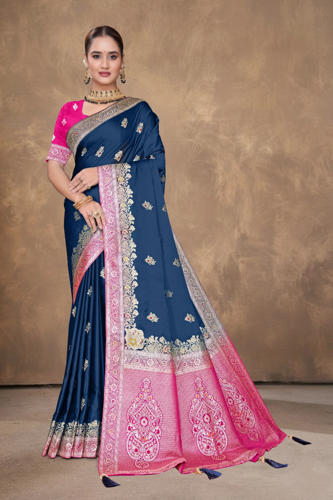 Midnight Navy Satin Woven Saree